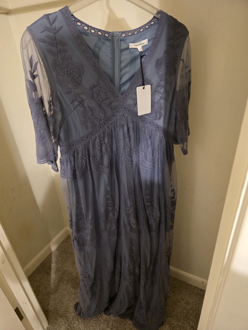 Pinkblush Dusty Blue Embroidered V-Neck Maternity Maxi Dress